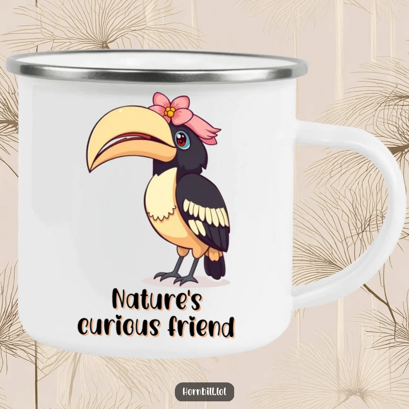 Funny Curious Hornbill Camping Mug: A durable mug showing a bird tilting its head, its casque decorated with a flower, for outdoor enjoyment.