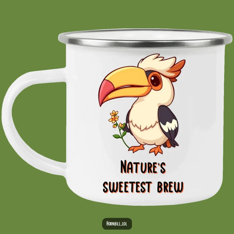 Funny Hornbill Grin Camping Mug: Flower Offering Bird, Outdoor Gift