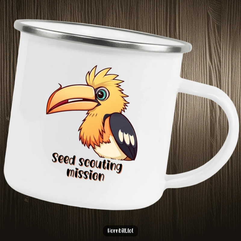 Funny Camping Mug: Enamel mug with a curious hornbill bird peering intently at a seed, for outdoor enthusiasts.
