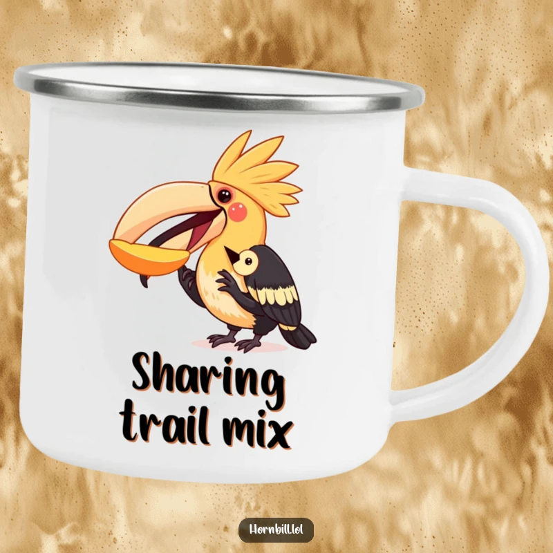 Funny hornbill camping mug showing a bird sharing fruit with another bird, durable for adventures and spreading a message of kindness.