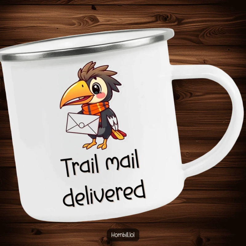 Funny Hornbill Mail Carrier Camping Mug, featuring a bird in a scarf delivering mail, ready for rugged adventures.