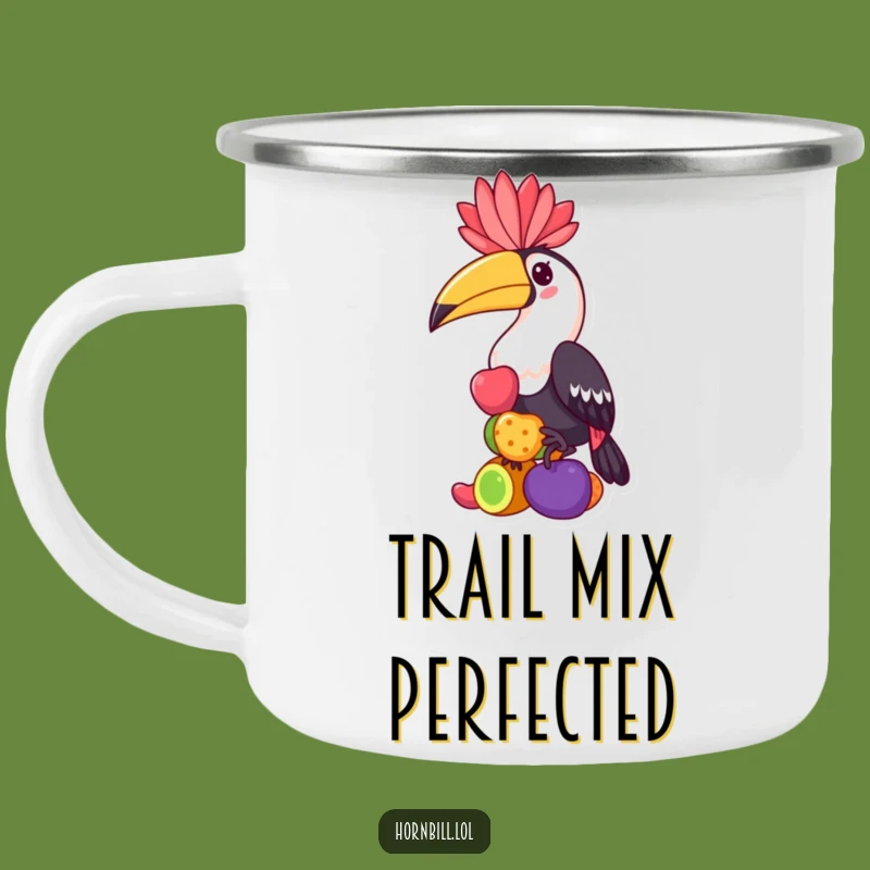 Funny Hornbill Camping Mug: Kawaii Bird Balancing Fruits, Outdoor Humor Gift