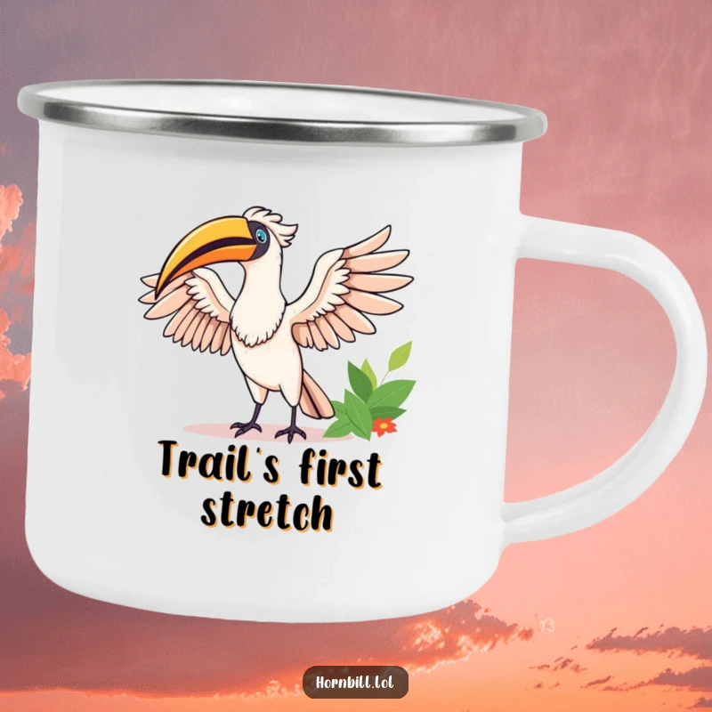 Funny Happy Hornbill Camping Mug: A joyful hornbill stretches its wings in the sun, bringing funny cheer to every sip.