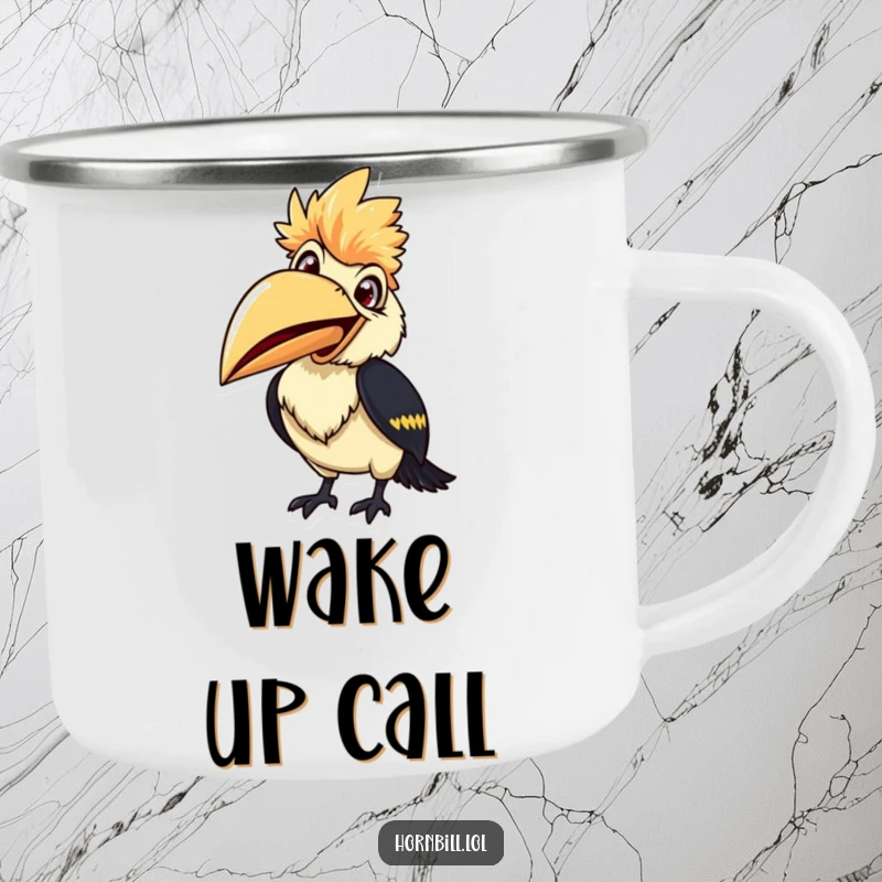 Smiling hornbill camping mug, beak wide open, ready to chirp, perfect for funny and cheerful outdoor enjoyment.