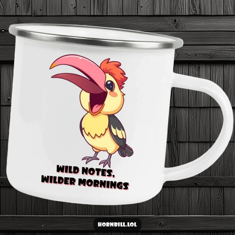 Funny Camping Mug featuring a cute hornbill singing joyfully around a campfire, bringing musical cheer to the outdoors.