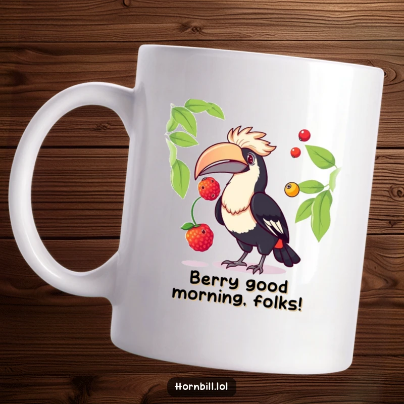Funny hornbill mug featuring a comical bird artistically juggling two bright berries with its beak, showcasing playful dexterity and vibrant colors.