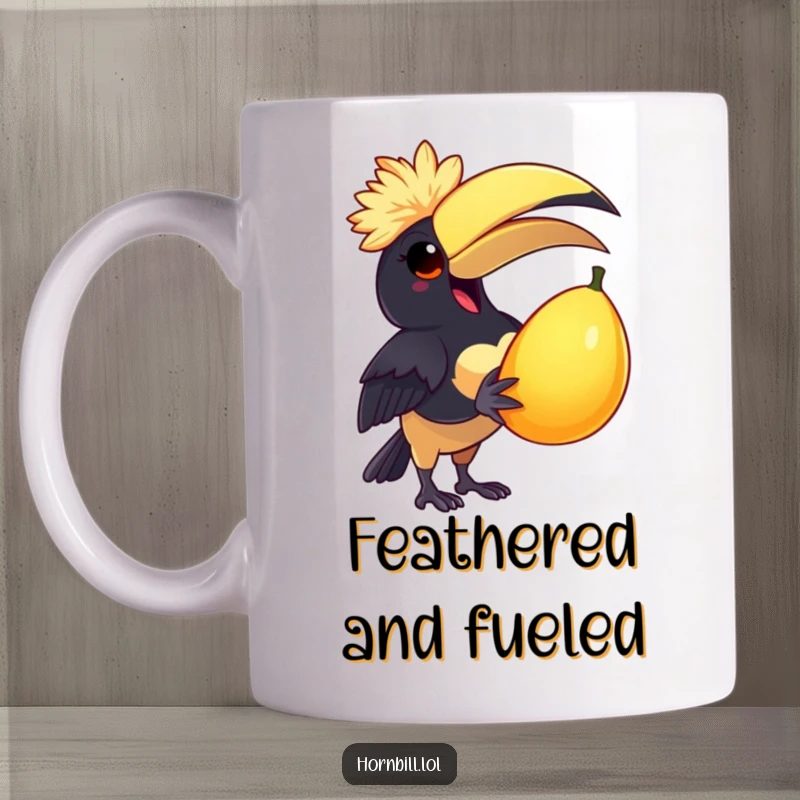 Funny Mug: A delighted hornbill wearing a small feathered cap joyfully holds a large, juicy fruit, looking incredibly happy.