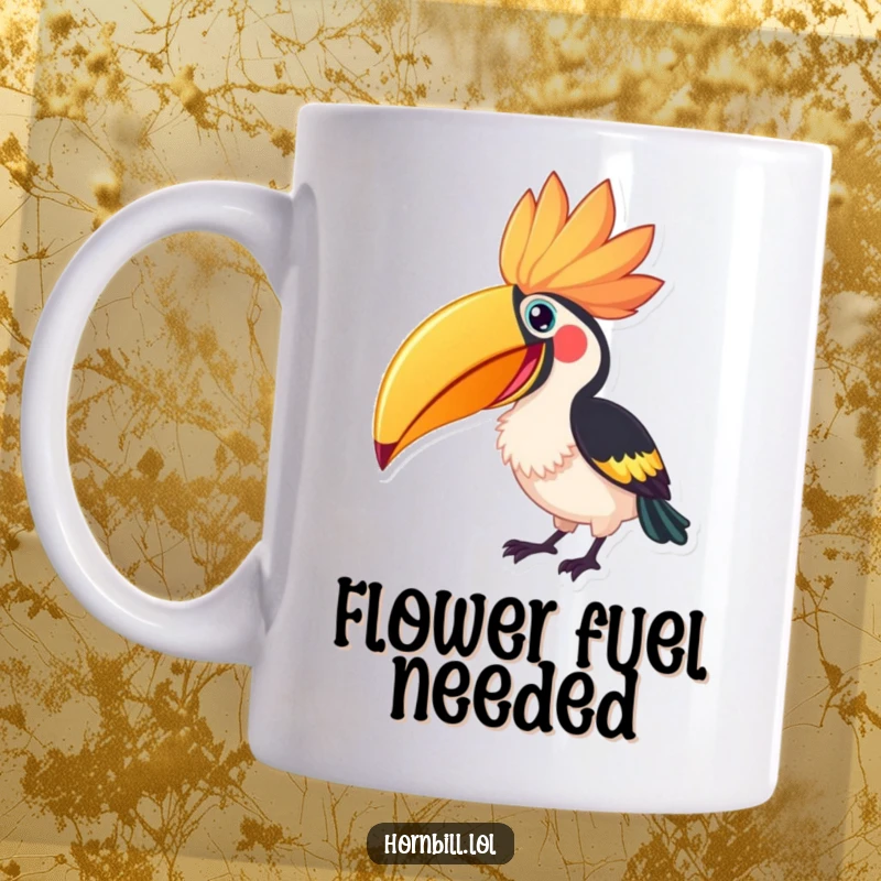 Funny Hornbill Flower Peck Mug, showing an excited hornbill eagerly pecking at a large, vibrant, oversized flower with delight.