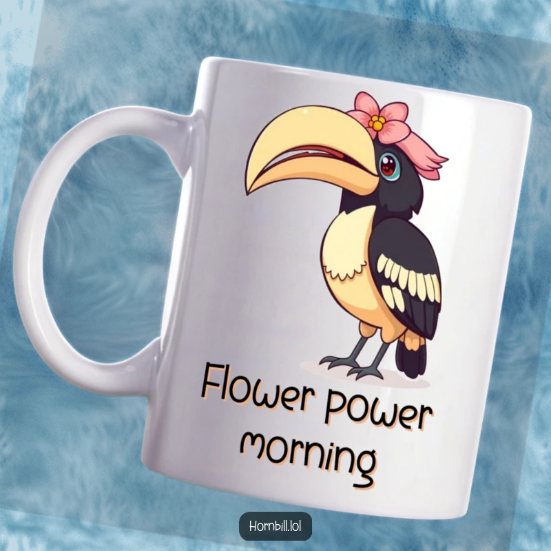 Funny Curious Hornbill Mug: A bird tilts its head inquisitively, its large casque beautifully decorated with a colorful flower.