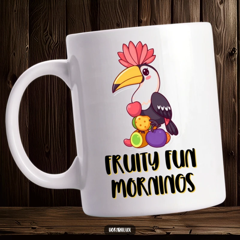 Funny hornbill mug, a kawaii bird character playfully balancing a tall stack of colorful fruits on its beak, showcasing dexterity.