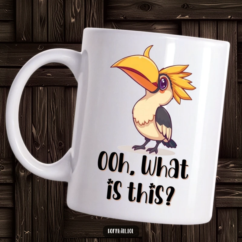 Funny hornbill mug with its head tilted inquisitively, eyes fixed on a small, gleaming, shiny object, showcasing pure curiosity.