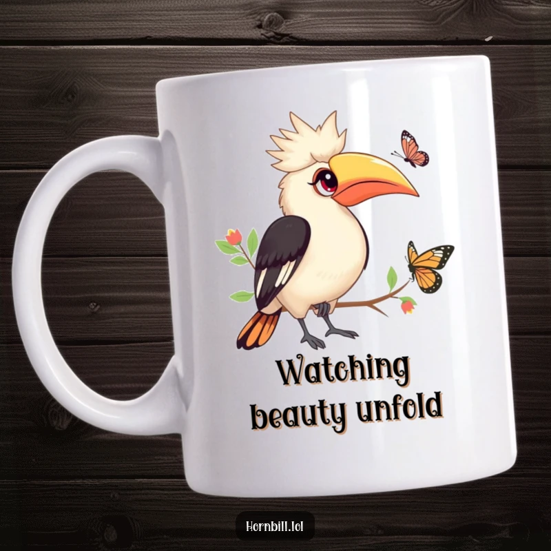 Funny Hornbill Mug: Cute hornbill with wide bright eyes watching a butterfly flutter by, gentle humor, great gift.
