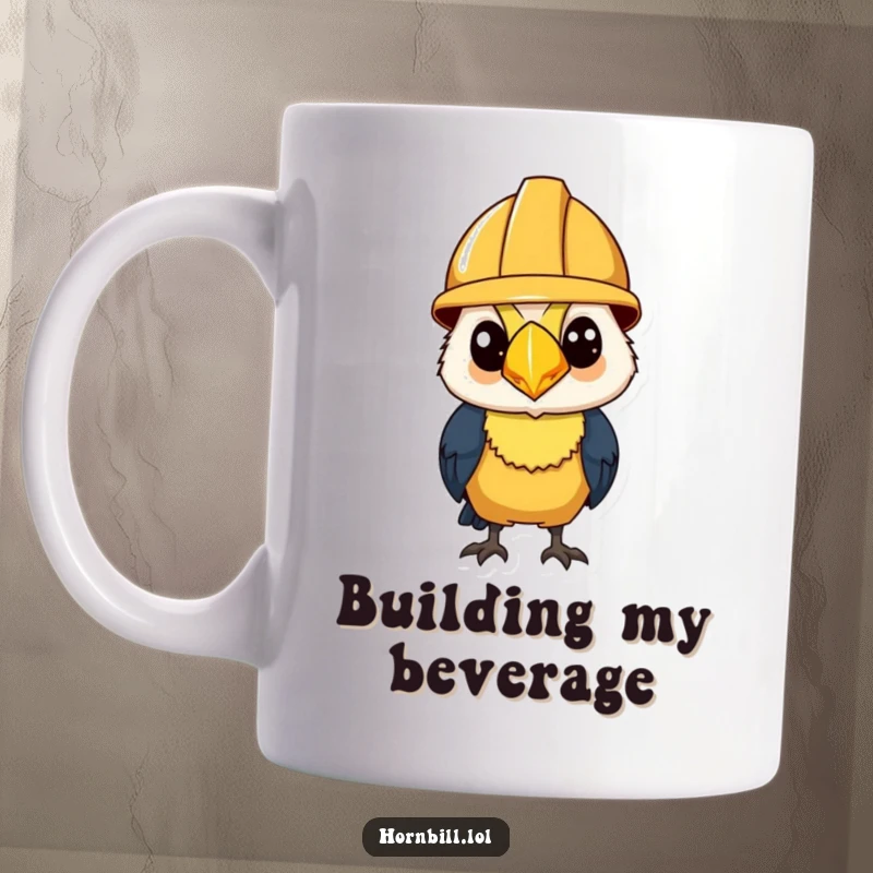 Funny Mug: A hornbill wearing a tiny construction helmet, looking determined and ready to build or work.