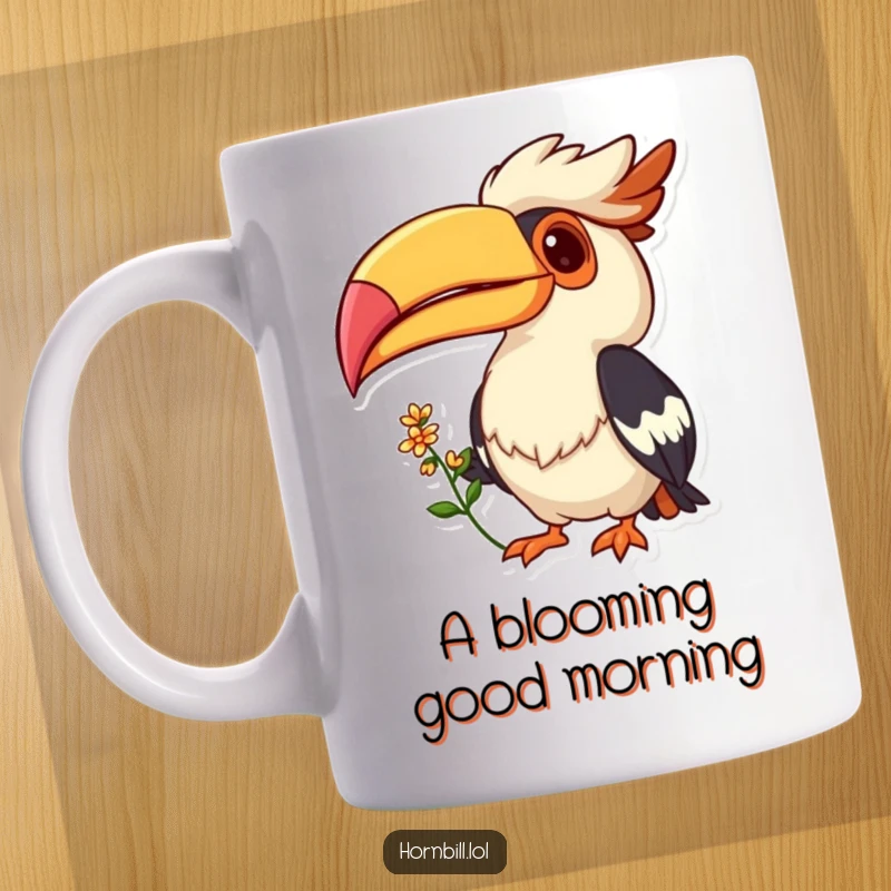 Funny mug illustration of a cheerful Hornbill bird with a wide grin, holding a small, delicate flower in its beak to offer.