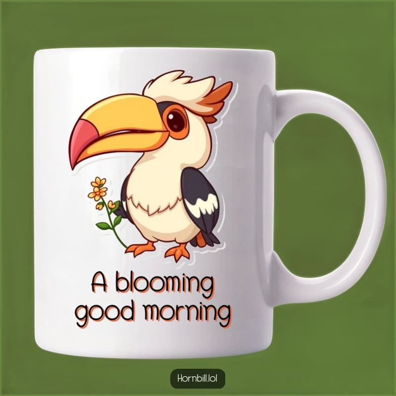 Funny Hornbill Grin Mug: Flower Offering Bird, Cheerful Gift