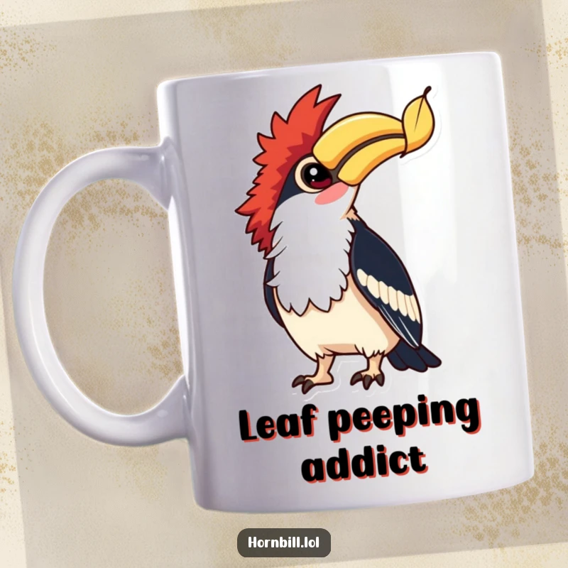 Funny Hornbill Leaf Watcher Mug: A hornbill with bright, curious eyes gazes upward at a single falling leaf.