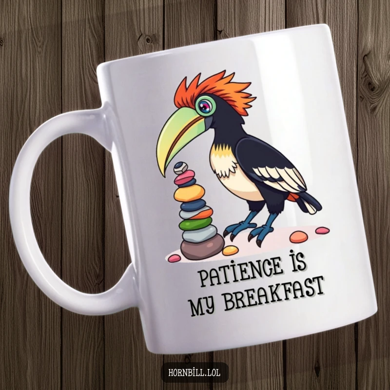 Funny mug featuring a playful hornbill bird precariously balancing a tall stack of colorful pebbles on its beak with a focused expression.