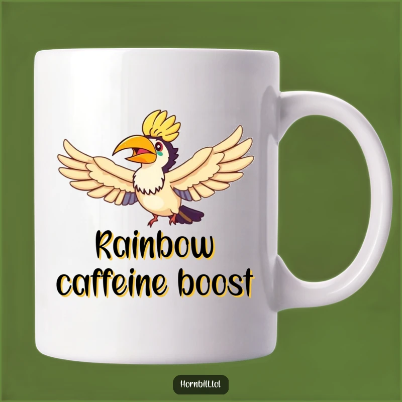 Funny Hornbill Rainbow Flyer Mug - Joyful Bird Flight, Perfect Funny Gift