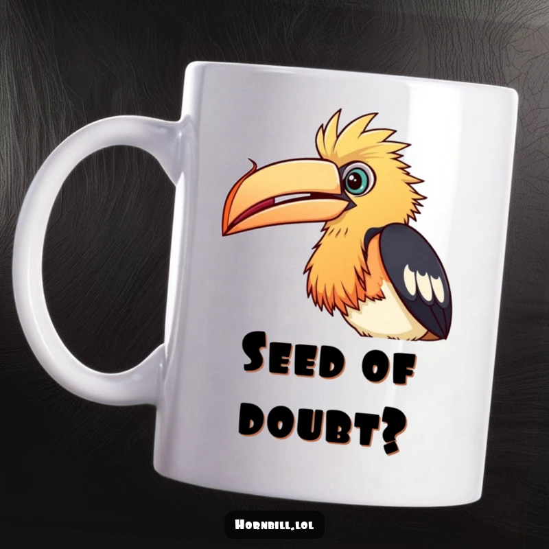 Funny Mug: Curious hornbill bird tilting its head, intently peering at a tiny floating seed, showing fascination.