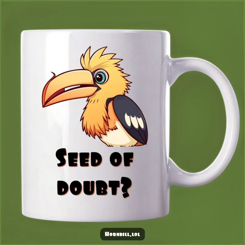 Funny Hornbill Seed Mug: Curious Bird Peering, Humorous Ornithology Gift