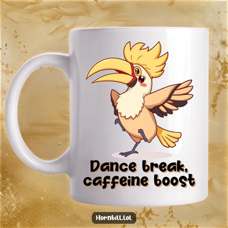 Funny kawaii hornbill performing a silly flappy dance with a fluttery tail, illustrated on a fun mug.