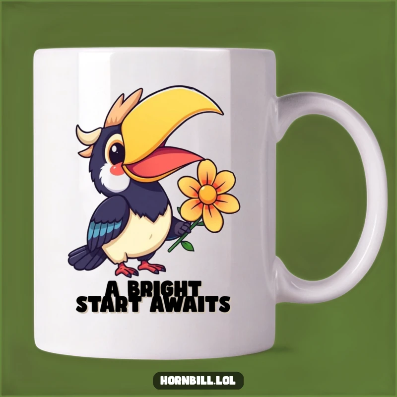 Funny Kawaii Hornbill Mug: Smiling Flower Offering Bird Gift