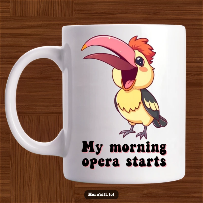 Funny Mug featuring a cute hornbill with its beak wide open, joyfully singing a cheerful melody, spreading happiness.