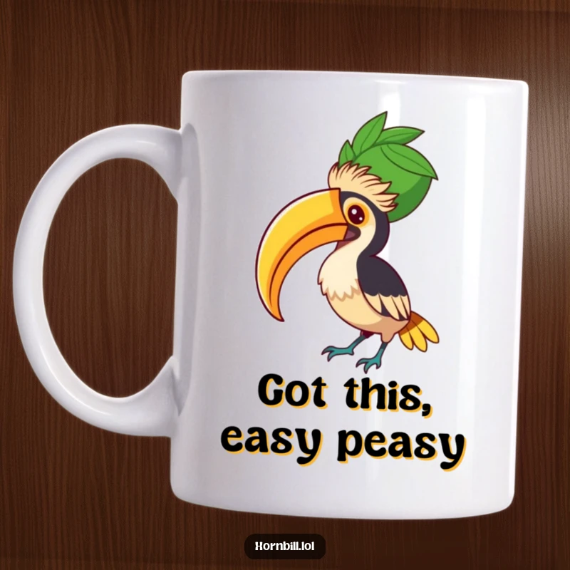 Funny Hornbill Fruit Balancer Mug, showing a determined bird concentrating hard on balancing a huge piece of fruit on its beak.
