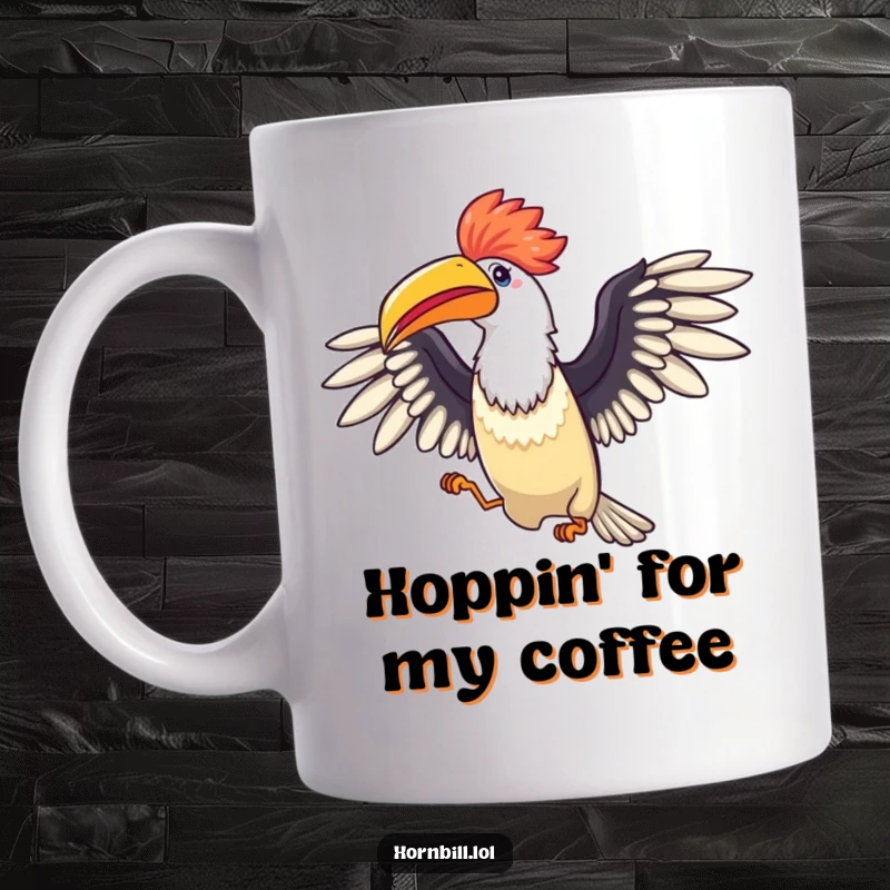 Funny Celebration Hornbill Mug: A bird with wings spread wide performs a happy little hop, radiating pure delight.