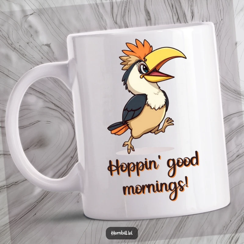 Funny Hornbill Mug: Cute bird character doing a clumsy happy hop, cheerful and funny design, perfect gift.