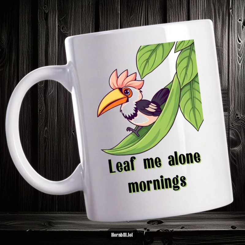 Funny kawaii hornbill happily sliding down a green leaf, embodying pure childlike fun on this cute mug.