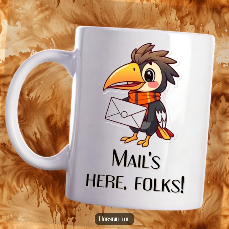 Funny Hornbill Mail Carrier Mug, a cheerful bird in a vibrant scarf, delivering a letter with a determined and happy expression.
