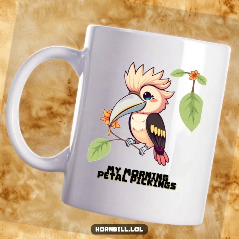 Funny Kawaii Hornbill Mug: a cute bird playfully pecking at a delicate flower petal, bringing a smile with its charming action.