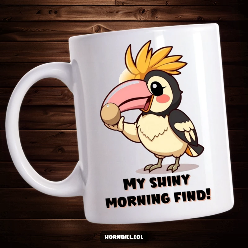 Funny Kawaii Hornbill Mug showing an enthusiastic bird proudly displaying a shiny, glittering pebble.