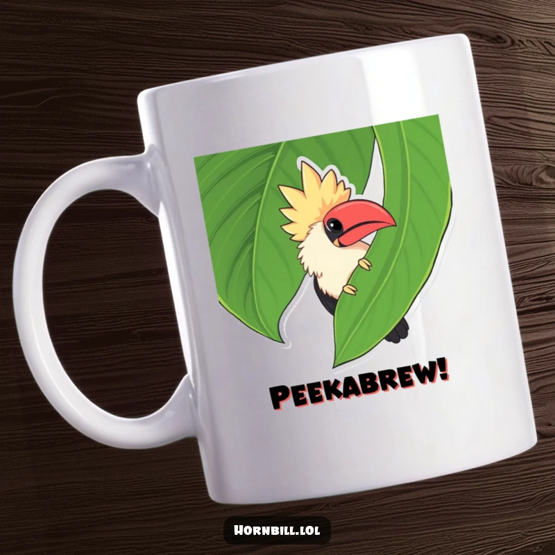 Funny chubby hornbill peeking with a mischievous glint from behind a large green leaf on this charming mug.