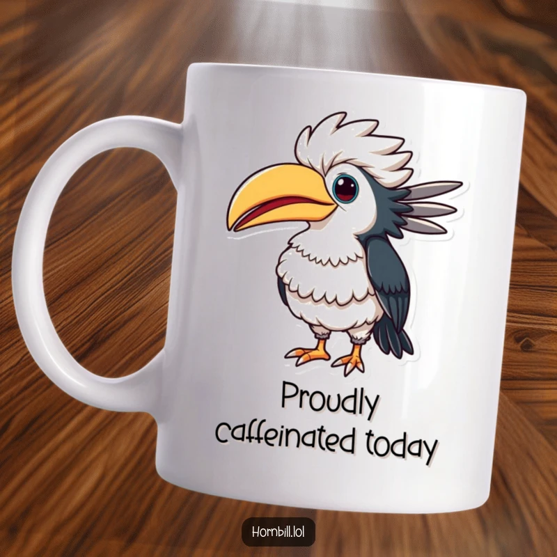 Funny hornbill mug showcasing a proud bird puffing out its chest with a comical, exaggerated expression, looking hilariously self-important.