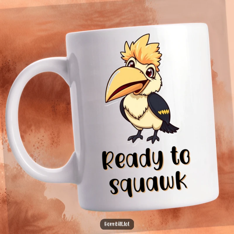 Smiling hornbill mug, with its beak wide open and ready to chirp, radiating cheerful and funny energy.