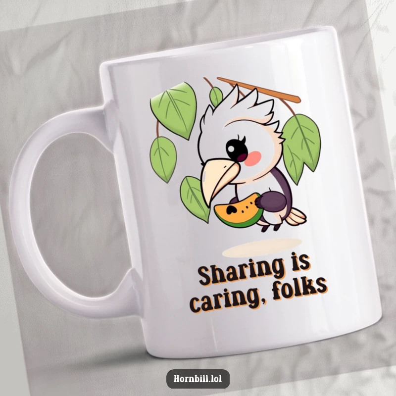 Funny Kawaii hornbill mug with a big beak sharing a piece of fruit with a much smaller, cute creature, spreading joy and warmth.