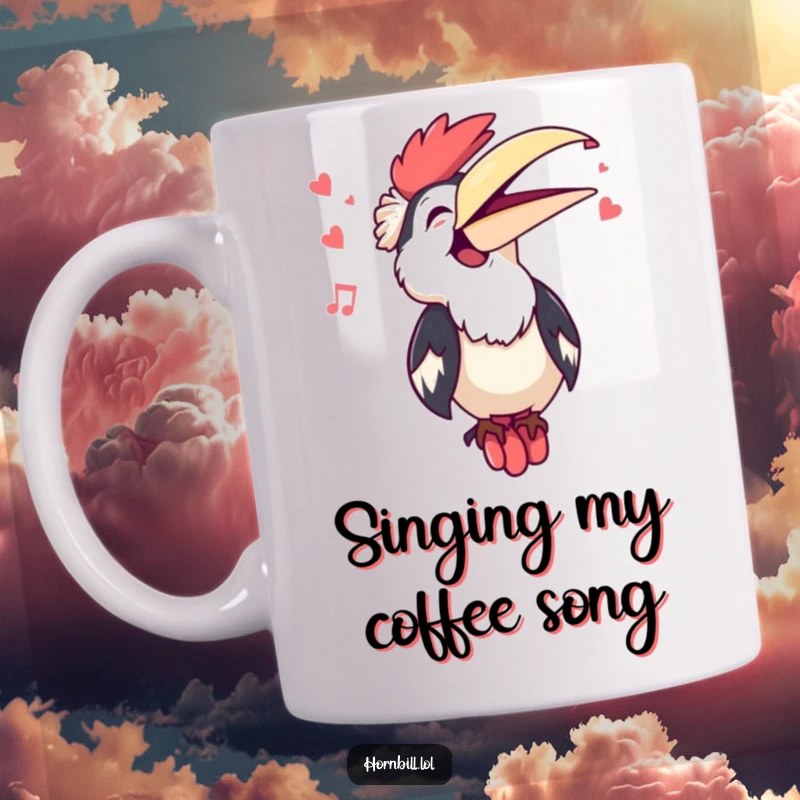 Funny Kawaii Hornbill Singing Mug: A cute, big-eyed hornbill joyfully sings with its beak wide open, radiating musical cheer.