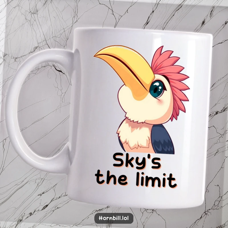 Funny happy hornbill with wide, bright eyes looking up at the sky, radiating pure optimism on this delightful mug.