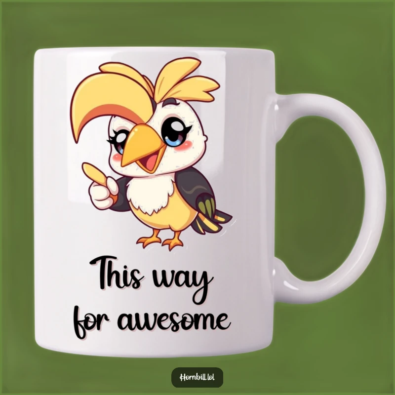 Funny Kawaii Hornbill Mug: Cheerful Bird Pointing Gift for Bird Lovers