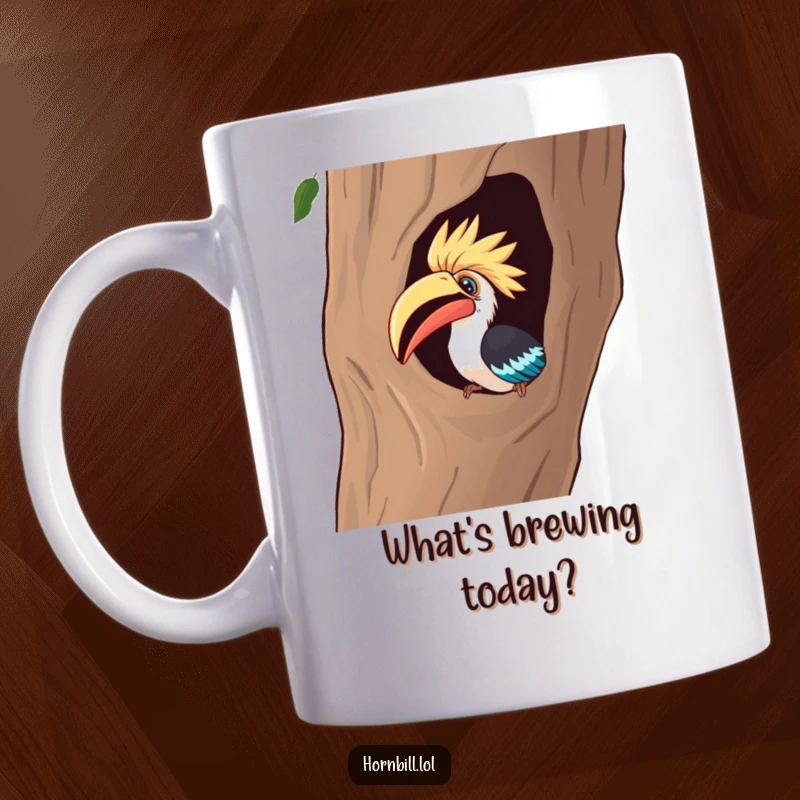 Funny Mug: A curious hornbill peeks intensely into a hollow tree, showing great fascination and a humorous sense of wonder.