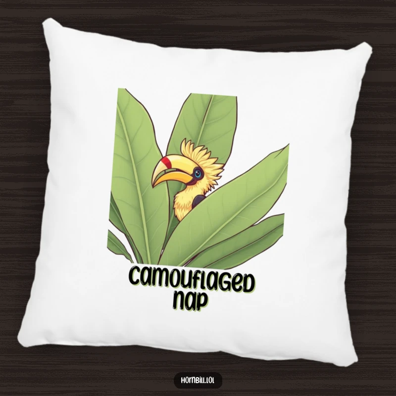 Funny Pillow: Hornbill peeking its head out from behind a large leafy green bush, adding a touch of natural wonder.