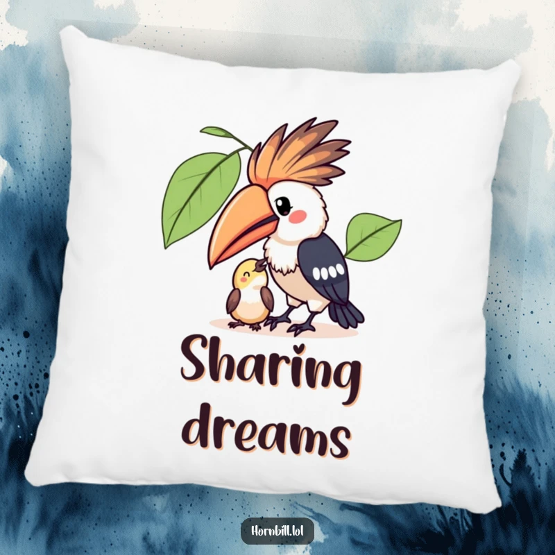 Funny Kawaii Hornbill Pillow: A soft pillow with a kawaii hornbill sharing fruit, symbolizing kindness and providing cozy comfort.