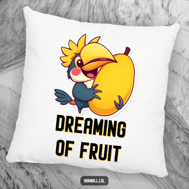 Funny pillow with a kawaii hornbill character joyfully holding a giant, colorful fruit, offering comfort and charm.