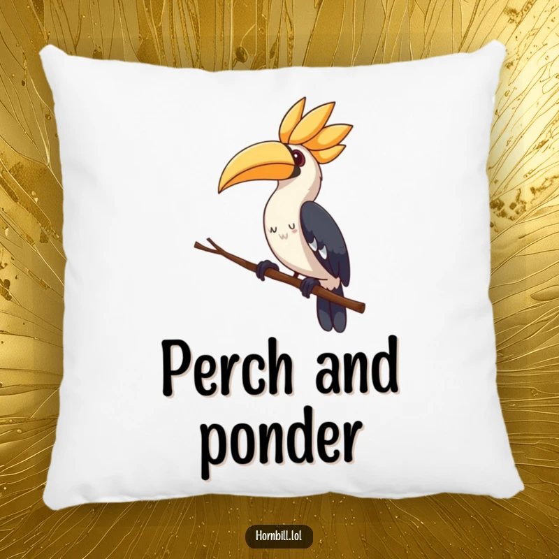 Cute hornbill pillow, perched curiously on a branch, tilting its head in an adorable, funny pose.