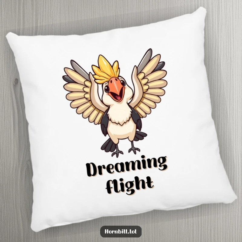 Funny Pillow: A soft pillow featuring a happy hornbill with wings spread wide, ready for flight.