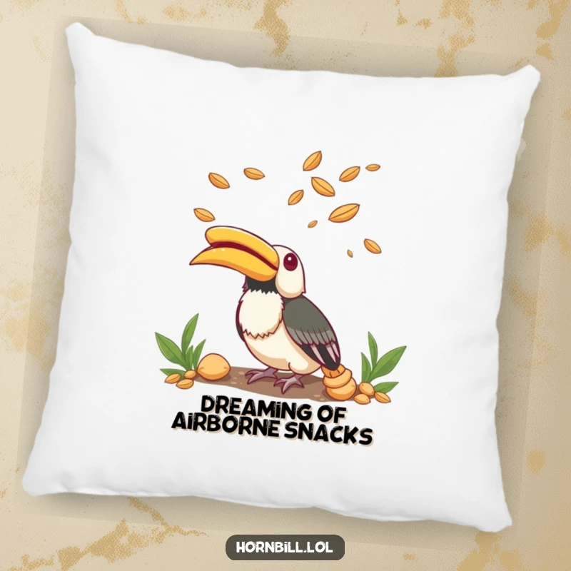 Funny Pillow depicting a small hornbill gazing upwards with a look of pure wonder at falling seeds.