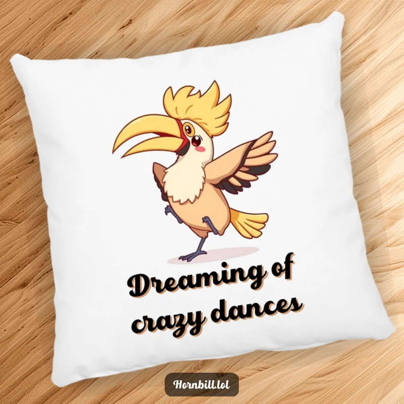 Funny kawaii hornbill performing a silly flappy dance with a fluttery tail, featured on a soft throw pillow.