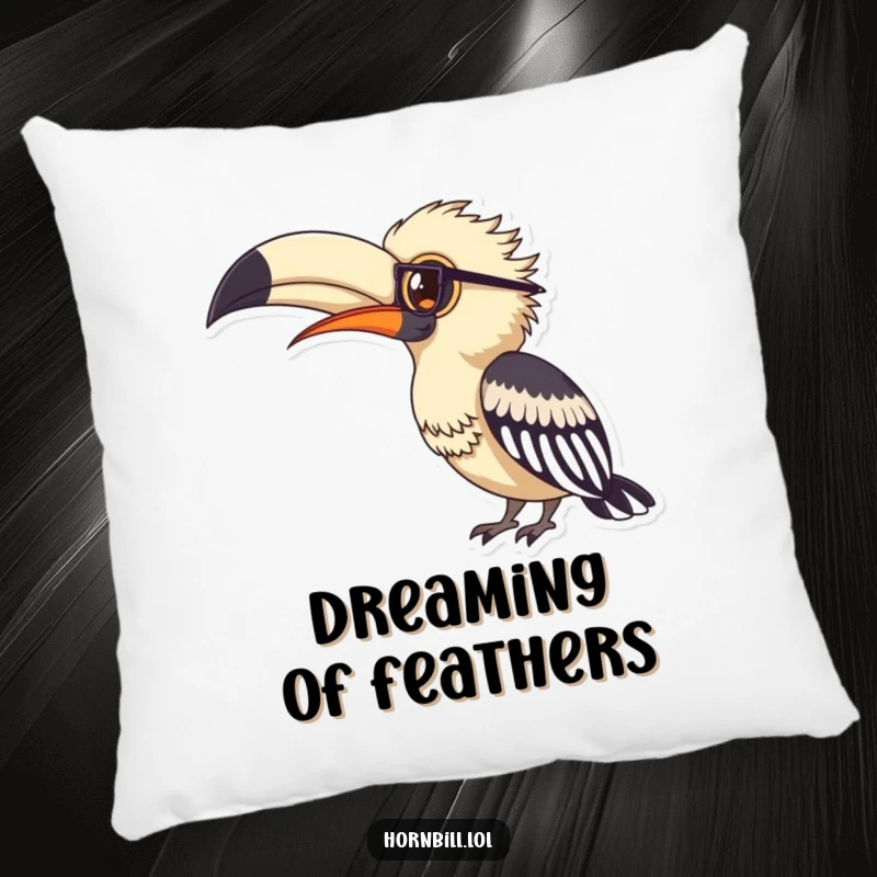 Funny hornbill wearing tiny spectacles, looking studiously at a large feather, featured on a soft and humorous throw pillow.